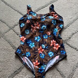 Lands End one piece floral bathing suit swimsuit scoop Neck Soft Cup navy 20W